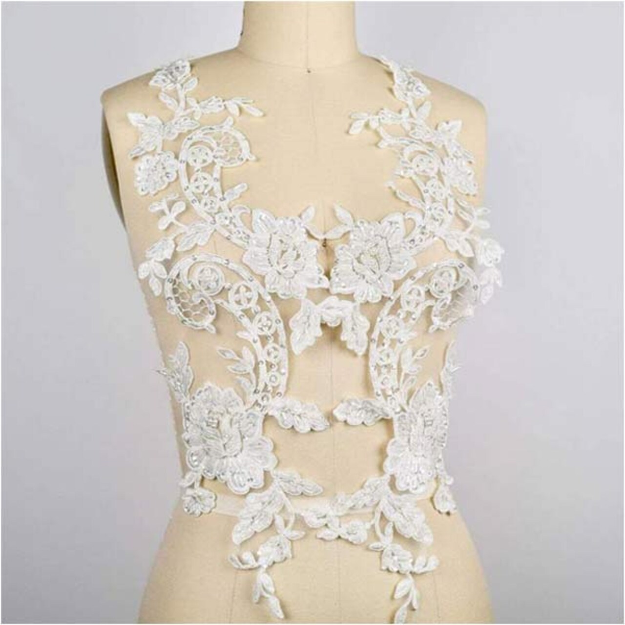 2 Pieces 21" Length Ivory Beaded Lace Applique Pair Extra Long Floral Design